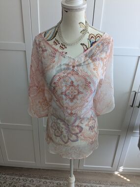 Jennifer Lopez Sheer Paisley Medallion Blouse - Peach & Soft Pink